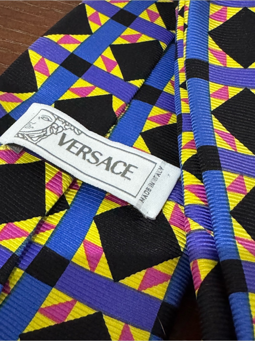 Versace Vintage Geometric Pattern Silk Neck Tie - Blue Purple Black Pink Yellow - Picture 6 of 6